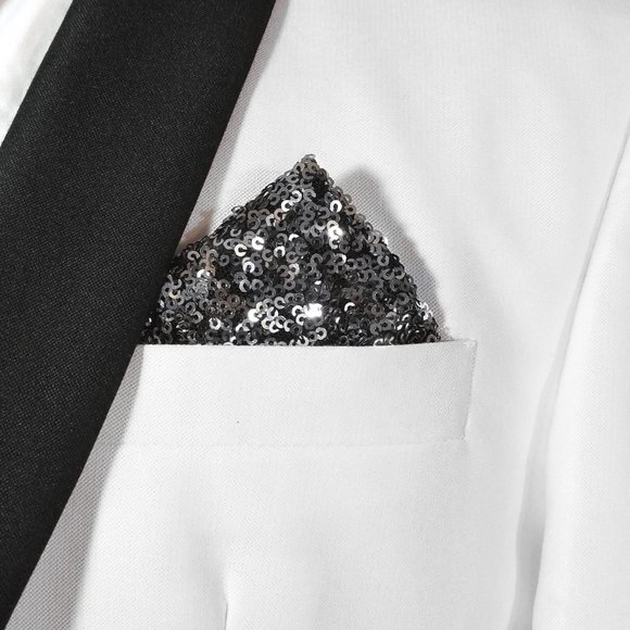 Men's Dark Silver & Black Sequin Pre-Folded Pocket Square Insert - Point Design - Picture 1 of 6
